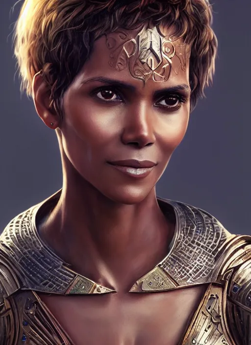 Prompt: portrait of halle berry as a legendary knight warrior, au naturel, hyper detailed, digital art, trending in artstation, cinematic lighting, studio quality, smooth render, unreal engine 5 rendered, octane rendered, art style by klimt and nixeu and ian sprigger and wlop and krenz cushart.