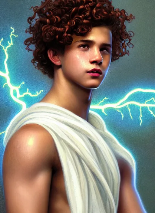 Prompt: portrait of teenage zeus, greek, short curly copper hair, smiling mischievously, wearing a white sash, olive tree, intricate, elegant, lightning bolt, glowing lights, highly detailed, digital painting, artstation, concept art, smooth, sharp focus, mist, volumetric lighting, illustration, art by wlop, mucha, artgerm, and greg rutkowski