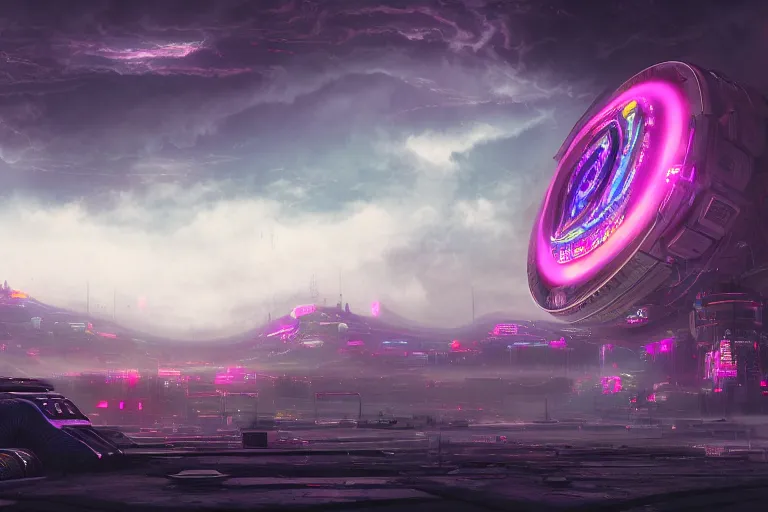 Image similar to a psychedelic realm with rolling plains made out of clouds, and a giant cyberpunk portal that leads into the multiverse, in the style of wlop, illustration, epic, fantasy, hyper detailed, smooth, unreal engine, sharp focus, ray tracing