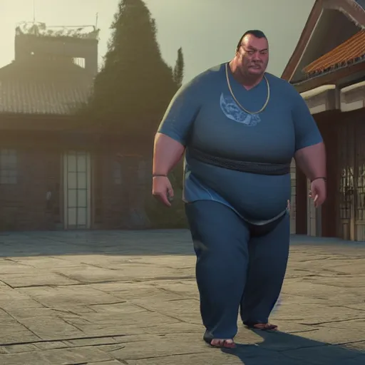 Image similar to hyper realistic, extremely obese steven seagal from mortal kombat, unreal engine, greg rutkowski, beeple global illumination, translucent, sub - surface scattering,