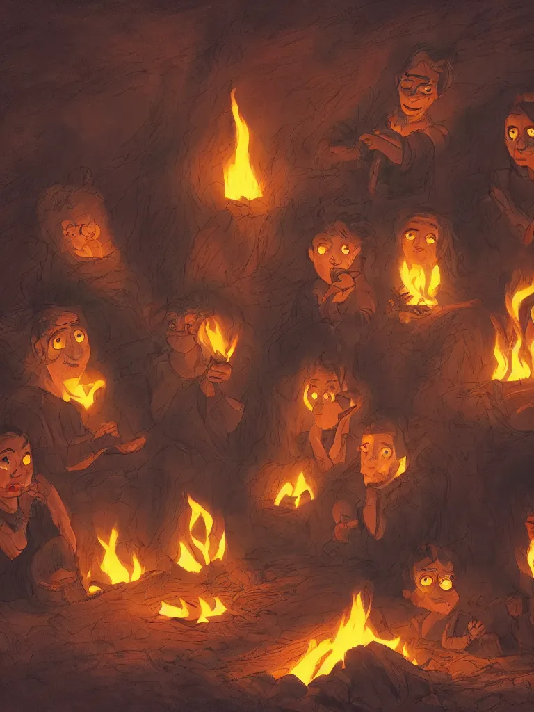 Image similar to camp fire lit faces by disney concept artists, blunt borders, rule of thirds