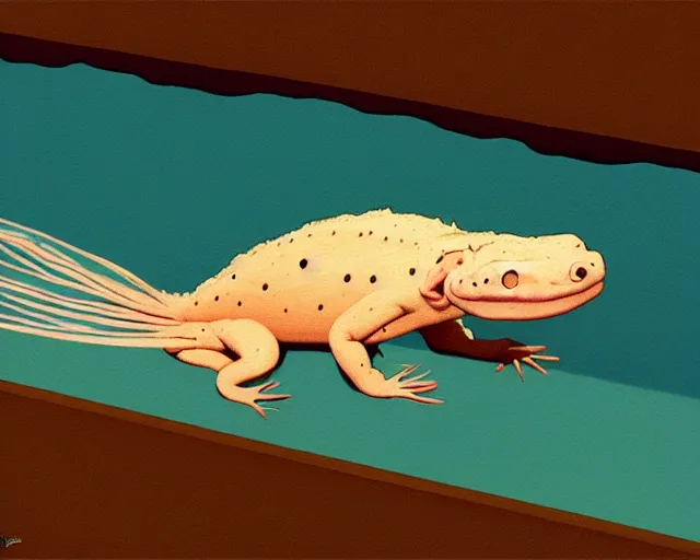 Prompt: a painting of an axolotl by guy billout