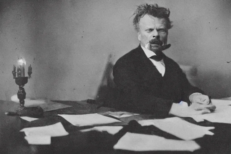 Prompt: wet plate photograph, august strindberg angry shouting throwing papers and banging his fist on a secretary desk in a small messy viennese apartment, night time, alone, lamplight, victorian era, some large bugs, depth of field, very detailed, cigarette smoke, highly accurate, intricate
