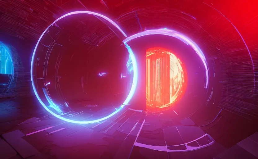 Prompt: A circular spinning portal to another world, particles, electric, rendered by Beeple, synthwave style, environment concept, digital art, unreal engine, WLOP, trending on artstation, 4K UHD image,