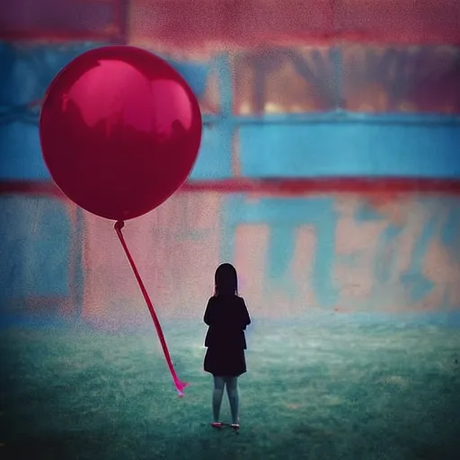 Image similar to a girl holding a balloon at a fairground. buildings with graffiti. silhouette. photograph in the style of simon stalenhag