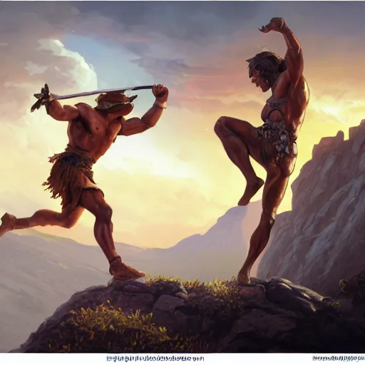 Image similar to an spartan man kicking an spartan woman off a cliff, sunset, sunny, cloudy, digital painting, artstation, concept art, soft light, hdri, smooth, sharp focus, illustration, fantasy, intricate, elegant, highly detailed, D&D, matte painting, in the style of Greg Rutkowski and Alphonse Mucha and artemisia, 8k,