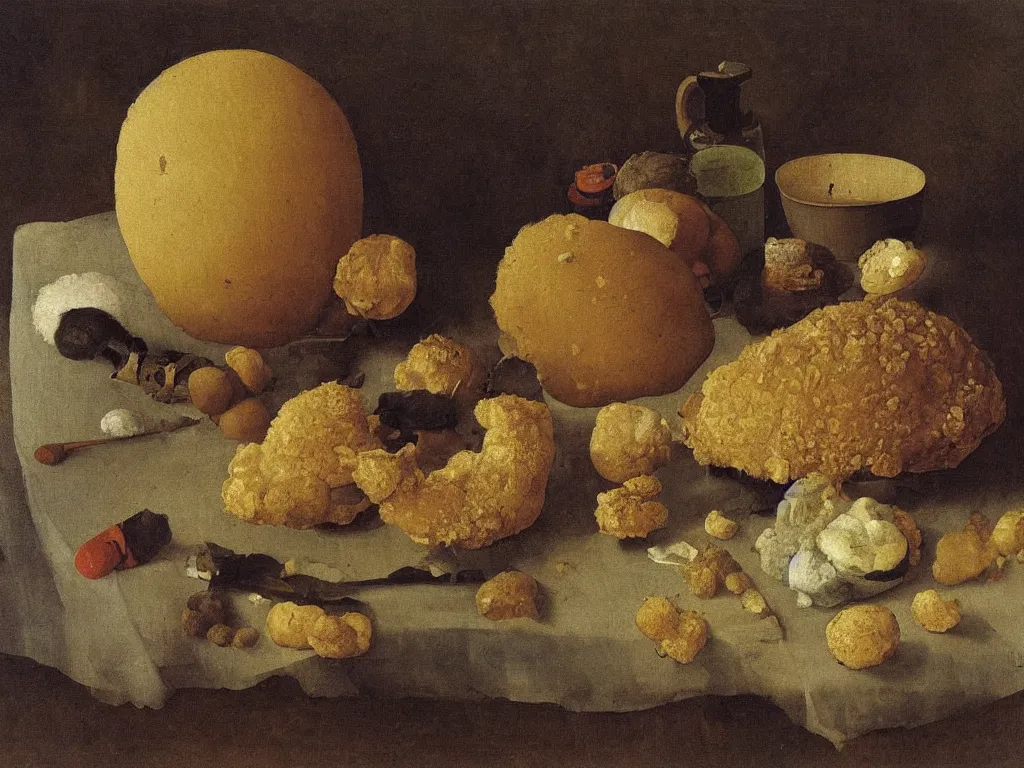 Image similar to still life with fluffy, giant diaphanous sponge - like mold raising out of an old bread. painting by zurbaran, max ernst, agnes pelton, morandi, walton ford