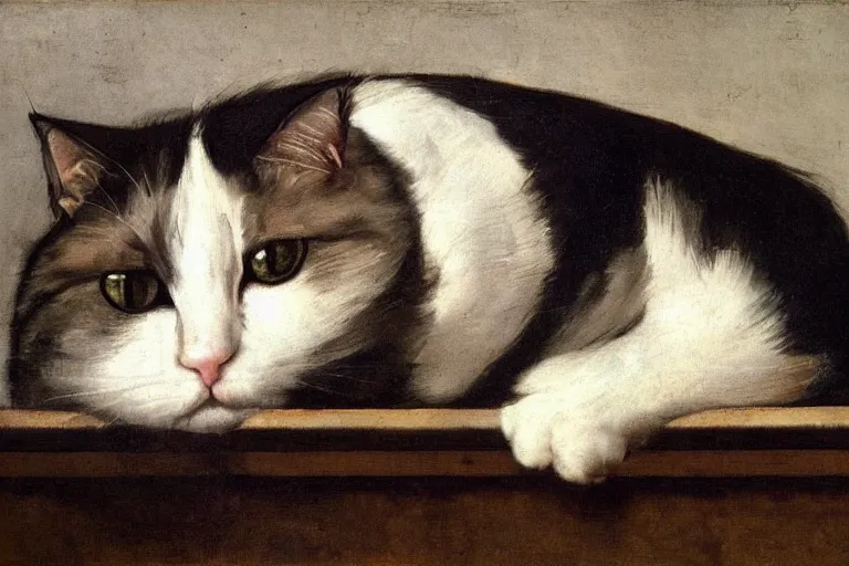 Prompt: portait of an obese cat watching in a window, by caravaggio and rembrandt and artemisia gentileschi, masterpiece, high resolution, very detailed, oil on canvas, trending on artstation