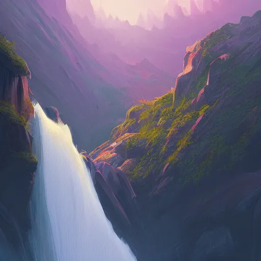 Prompt: mountain waterfall, matte painting by sylvain sarrailh, artstation