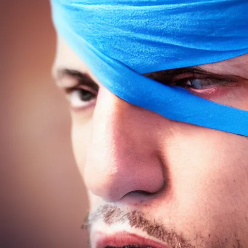 Prompt: 4K;Bokeh; Portrait photography of Guru in the retrofuture with blue gauze blindfold, focus on detailed face, soft focus background