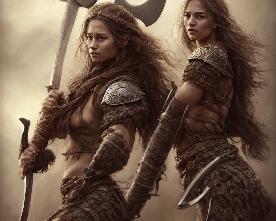 Image similar to gorgeous!! hyper - realistic single!!! woman resembling alicia vikander as a battle - worn viking warrior wielding a giant axe, accompanied by a dire wolf | intricate, highly detailed, digital painting, character design, character concept art | drawn by wlop, drawn by jeehyung lee, drawn by artgerm, drawn by peter kemp