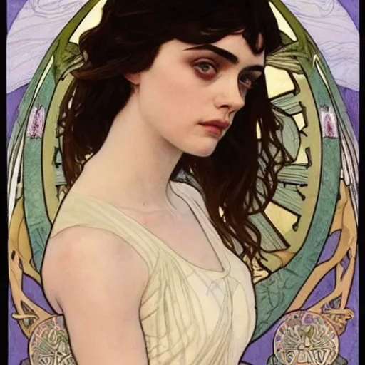 Image similar to a combination of Alexandra Daddario, Maisie Williams, Krysten Ritter, Anne Hathaway and Natalia Dwyer Christina Ricci and Lily Collins by Alphonse Mucha, Magali Villeneuve and Livia Prima