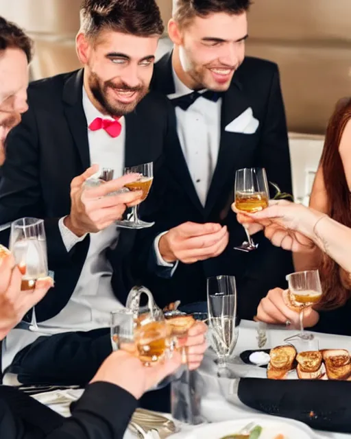 Image similar to a group of well dressed gentleman eating toothpast toasts in a fancy restaurant,