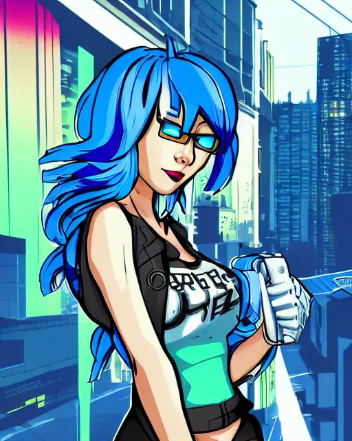 Image similar to cel shaded art of a pretty blue haired girl, jet grind radio graphics, cyberpunk city street background