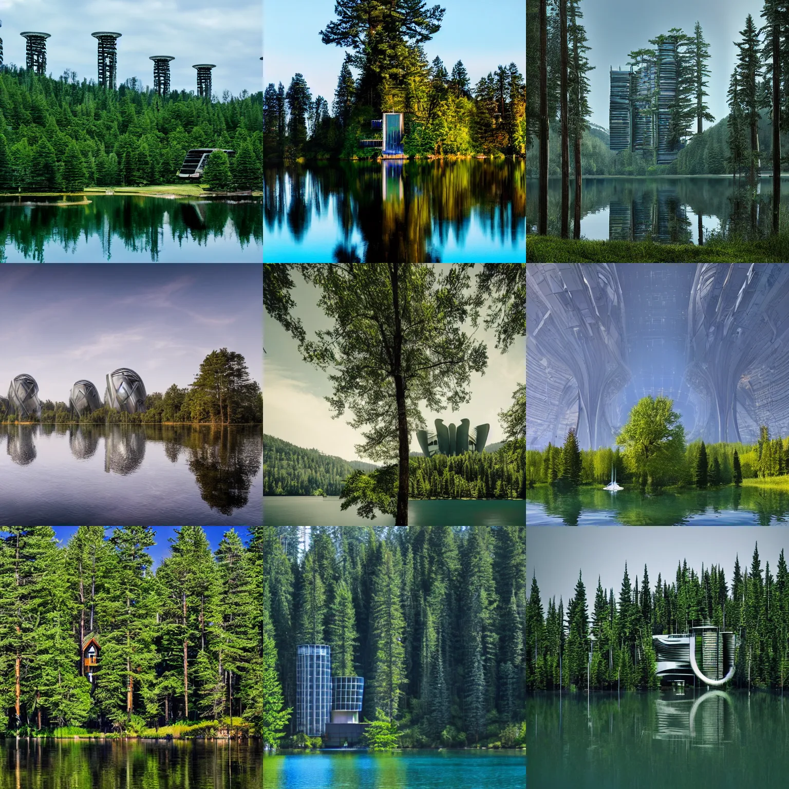 Prompt: award winning photo of sci-fi arcology surrounded by trees by a lake