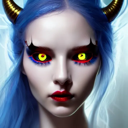 Image similar to perfectly - centered close - up face - portrait of a goddess with glowing red eyes and long blue hair and horns on her head, the perfect human female specimen, intricate, elegant, super highly detailed, professional digital painting, artstation, concept art, smooth, sharp focus, no blur, no dof, extreme illustration, unreal engine 5, 8 k, by anne stokes