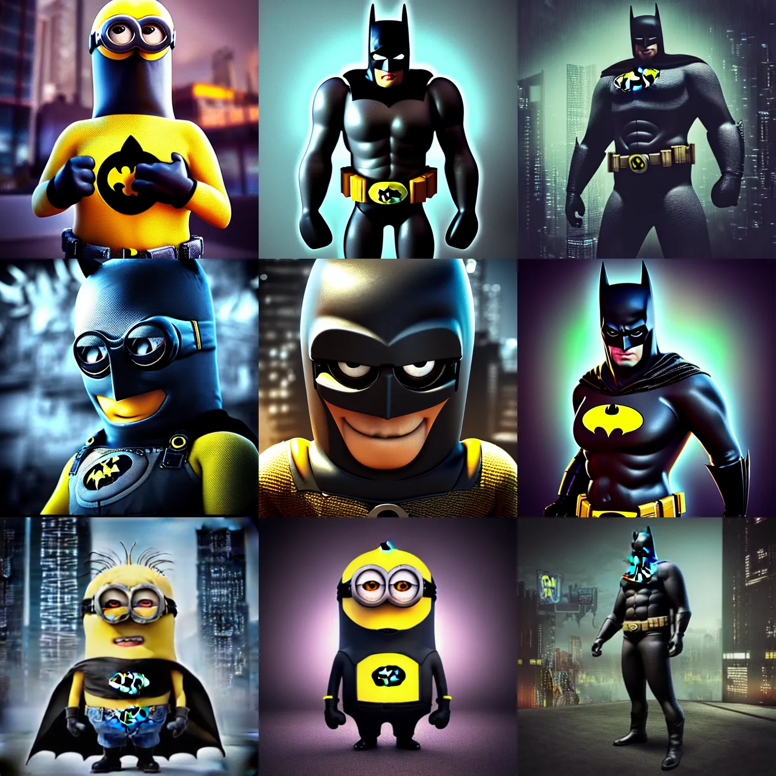 Prompt: “minion batman, UHD, hyperrealistic render, 4k, cyberpunk”
