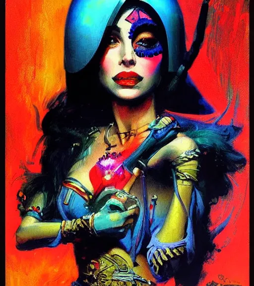 Image similar to portrait of junoesque iranian female chaos angel, beautiful! coherent! by frank frazetta, by brom, strong line, vivid neon color, shining metal power armor, iron helm, high contrast, maximalist