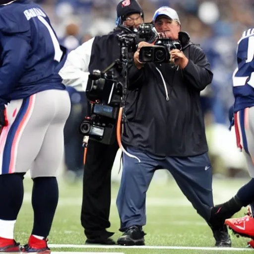 Prompt: Coach Belichick sneaking around on the sideline with a video camera