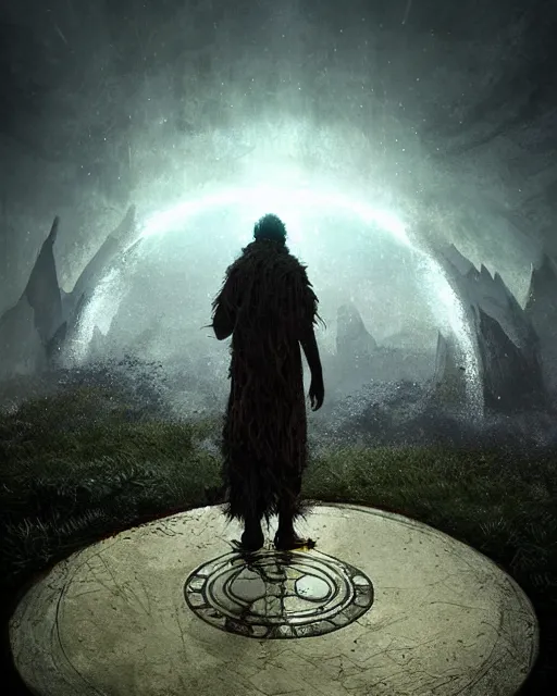 Prompt: a druid standing in a circle at the beginning of the world by cedric peyravernay