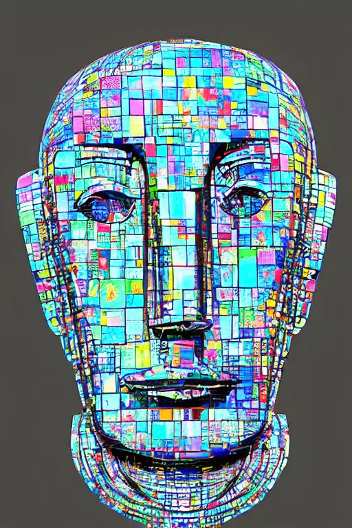 Image similar to cubist moai statue cutout digital illustration cartoon colorful beeple