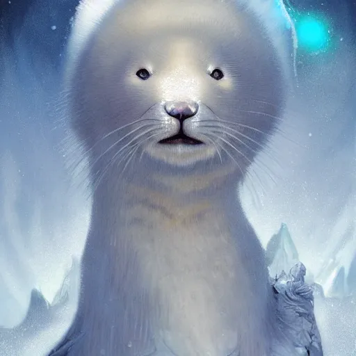 Prompt: portrait of omnipotent baby harp seal, ice and glaciers, arctic, fantasy, intricate, elegant, highly detailed, digital painting, smooth, sharp focus, illustration, art by artgerm and greg rutkowski and alphonse mucha