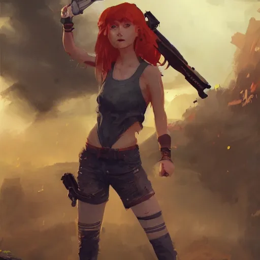 Image similar to A redheaded girl wearing a crop top, shorts and wielding a gun, character design by charles bowater,greg rutkowski,ross tran,hyperdetailed,hyperrealistic,4k,deviantart,artstation,professional photography,concept art, anime