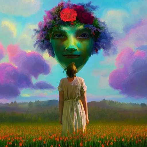 Image similar to girl with a giant flower as a face, surreal photography, dream, standing in flower field, hills, big trees, sunrise dramatic light, impressionist painting, colorful clouds, digital painting, pointillism, artstation, simon stalenhag, flower face