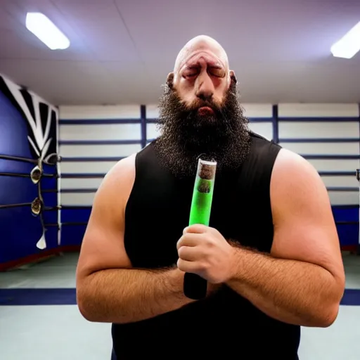 Image similar to the big show wrestler smoking a vape pen, locker room in background, gritty,