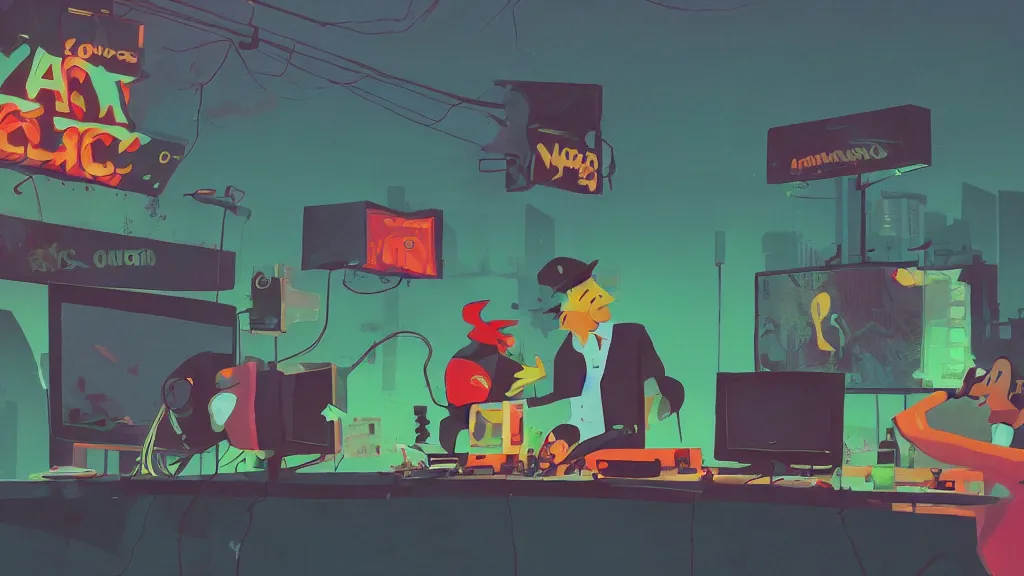 Image similar to black! chicken! smoking cannabis!!!, in front of multi monitors broadcasting studio, artwork by James Gilleard