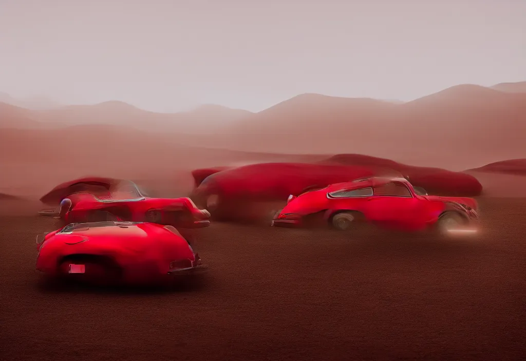 Image similar to “a red porsche 356 is parked in the middle of the desert, a matte painting by Scarlett Hooft Graafland, featured on unsplash, australian tonalism, anamorphic lens flare, cinematic lighting, rendered in unreal engine”