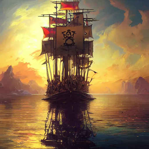 Prompt: a large pirate ship floating on top of a body of water, pirates flag, cgsociety, fantasy art, 2 d game art, concept art, heavenly lighting, retrowave, behance hd, concept art by jesper ejsing, by rhads, makoto shinkai cyril rolando, madgwick, cory loftis, sylvain sarrailh