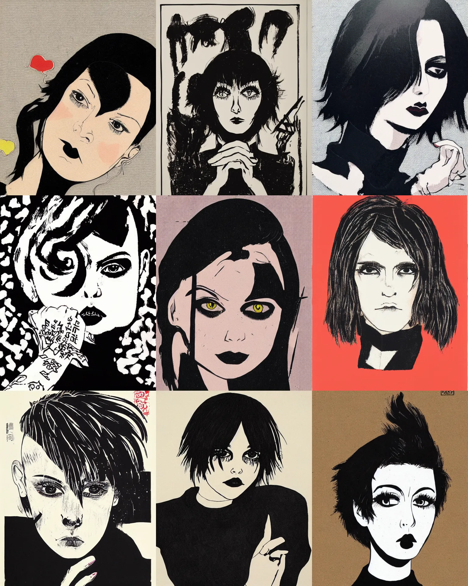 Prompt: A silkscreen print serigraph. Her hair is dark brown and cut into a short, messy pixie cut. She has a slightly rounded face, with a pointed chin, large goth eyes with entirely-black sclerae!!!!!!, and a small nose. She is wearing a black leather jacket, a black knee-length skirt, a black choker, and black leather boots.