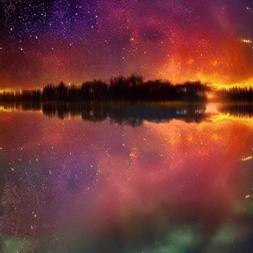 Image similar to lake that is reflecting the cosmos at night with countless stars, superior quality, intricate quality, viscous liquid, surreal, highly detailed, real camera, real photo, award winning quality, 8 k, art by artstation