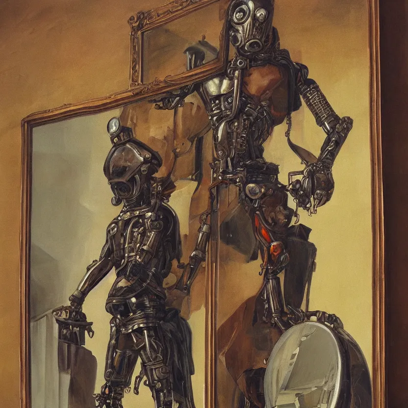 Image similar to oil painting of a medieval cyborg looking its reflection on a big mirror, mechanism visible symmetric defined ultra hd realistic tones