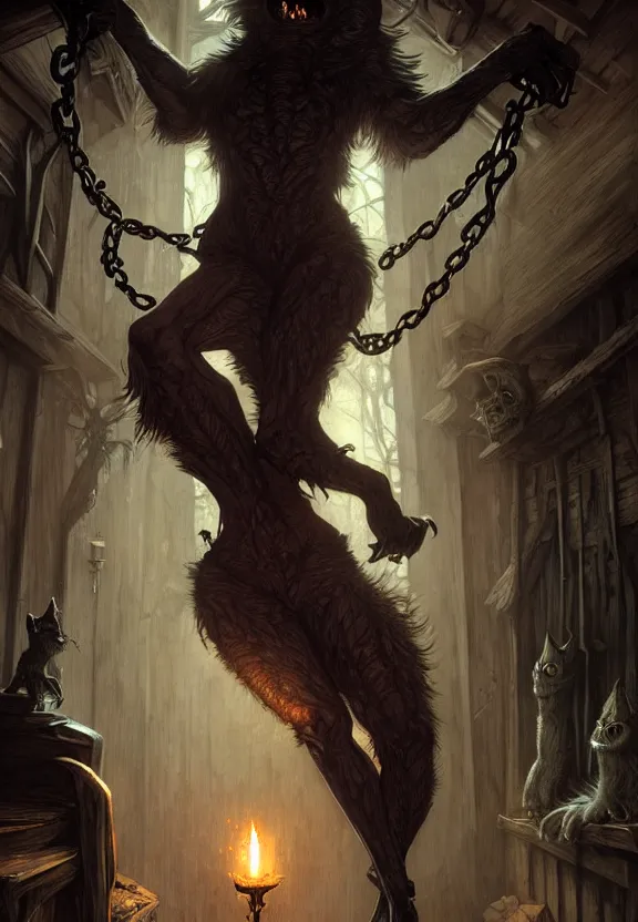 Image similar to Mostrous werewolf chained at a spooky old attic, fantasy magic, dark light night, intricate, elegant, sharp focus, illustration, highly detailed, digital painting, concept art, matte, art by WLOP and Artgerm and Greg Rutkowski and Alphonse Mucha, masterpiece