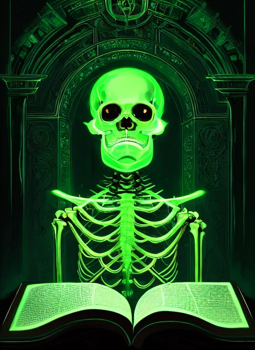 Image similar to portrait of a cyber skeleton, writing ancient evil runes with glowing green ink in a grand ancient book, intricate, elegant, glowing lights, highly detailed, digital painting, artstation, concept art, smooth, sharp focus, illustration, art by wlop, mars ravelo and greg rutkowski