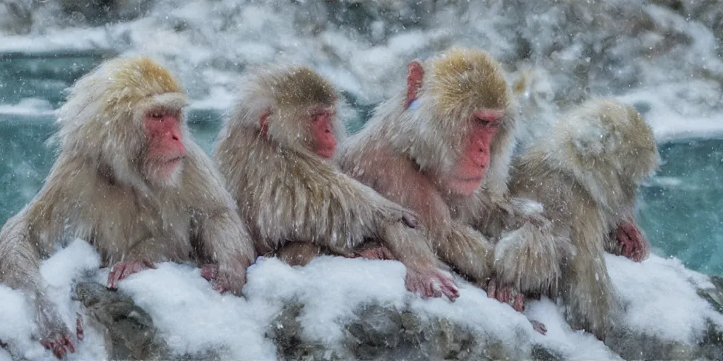 Prompt: snow monkeys, mountain spa, muted color (blues, reds), steam, snow flurries, breath condensation, caring, family, digital, intelligent, smart, inquisitive, adorable, handsome, art by Steve Henderson