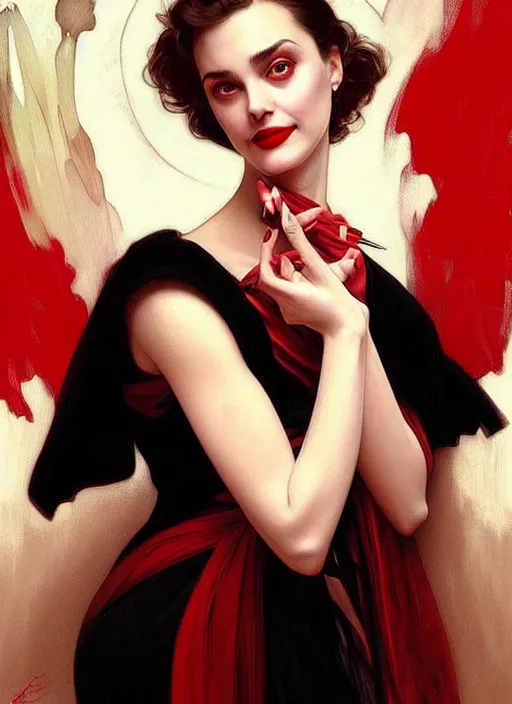 Image similar to “ daria strokous as femme fatale smiling, with red lips, holding knife on her victim ’ s throat intricate, elegant, highly detailed, digital painting, artstation, concept art, smooth, sharp focus uhd 8 k, art by artgerm and greg rutkowski and alphonse mucha ”