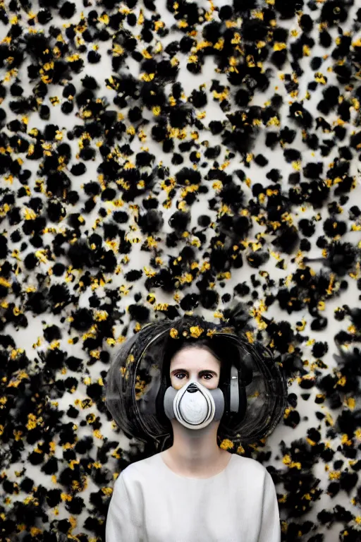 Image similar to a surreal portrait of a woman wearing gas mask blending into a wall of black flowers in the style of brooke didonato, editorial fashion photography from vogue magazine, full shot, nikon d 8 1 0, ƒ / 2. 5, focal length : 8 5. 0 mm, exposure time : 1 / 8 0 0, iso : 2 0 0