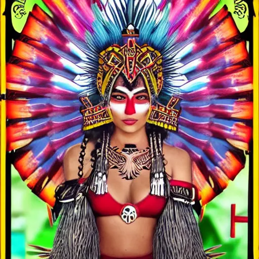 Image similar to character design, aztec warrior goddess with beautiful woman face, crown of very long feathers, full body, glowing aztec tattoos, beautiful,