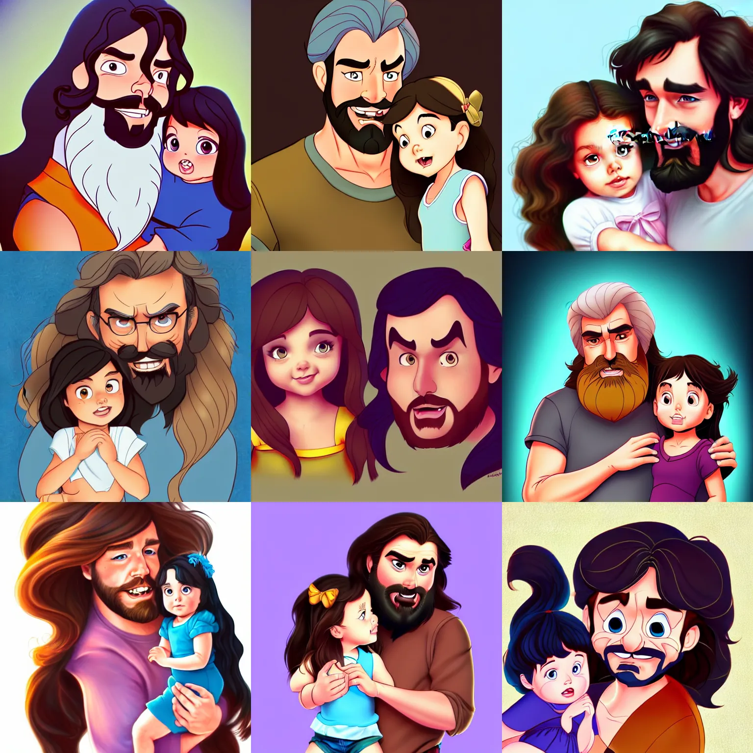 Image similar to a long - haired bearded father and his brunette child toddler girl full color digital illustration in the style of don bluth, artgerm, artstation trending, 4 k