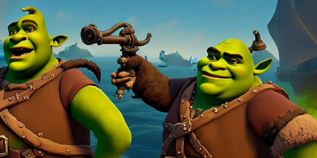 Image similar to selfie of shrek as a sea of thieves character, sea of thieves screenshot, storm, unreal engine, digital art