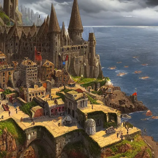 Prompt: Large medieval city on a cliff by the sea, very sunny, fantasy, medieval, highly detailed, Artstation