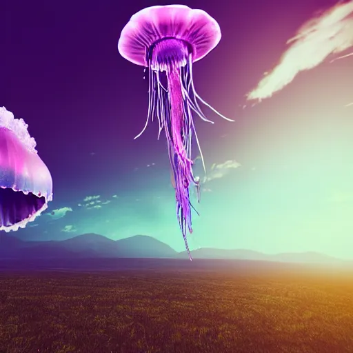 Image similar to A purple jellyfish is flying through an amazing sky, coloful art, 4K resolution, by Artgem and Beeple