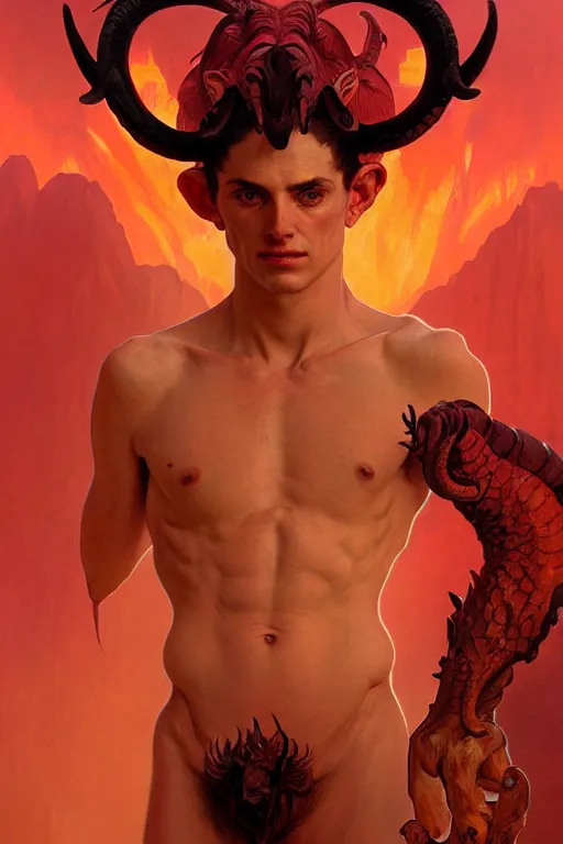 Prompt: portrait of a beautiful young fit male demon with ram horns, scaly skin, fiery scene, by greg rutkowski and alphonse mucha, d & d character, gradient red to yellow, in front of an hellish landscape background, highly detailed portrait, digital painting, artstation, concept art, smooth, sharp focus ilustration, artstation hq