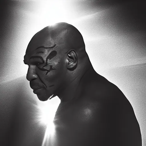 Image similar to a still of mike tyson, cinematic, 4 k, god rays through fog