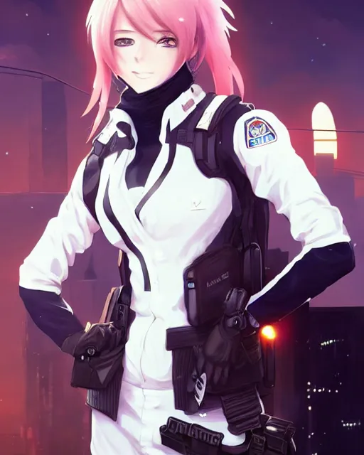 Image similar to anime key visual of a young female police officer, neon, cyberpunk, futuristic, white clothing, black vest, stunning, highly detailed, digital painting, artstation, smooth, soft focus, illustration, art by artgerm and greg rutkowski and alphonse mucha