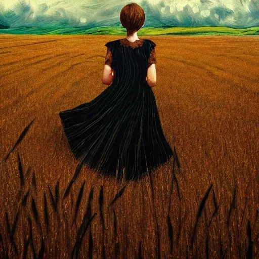 Prompt: giant black daisy flower as a face, girl walking in wheat field, hills, surreal photography, dark night, star trails, dramatic light, impressionist painting, clouds, digital painting, artstation, simon stalenhag