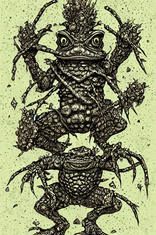 Prompt: humanoid toad warrior, tadpole themed, bog, symmetrical, highly detailed, digital art, sharp focus, trending on art station, kentaro miura manga art style